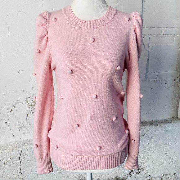 Aaron & Amber Light Pink Puff Sleeve Pom Pom Pullover Sweater (size M) - Picture 3 of 11